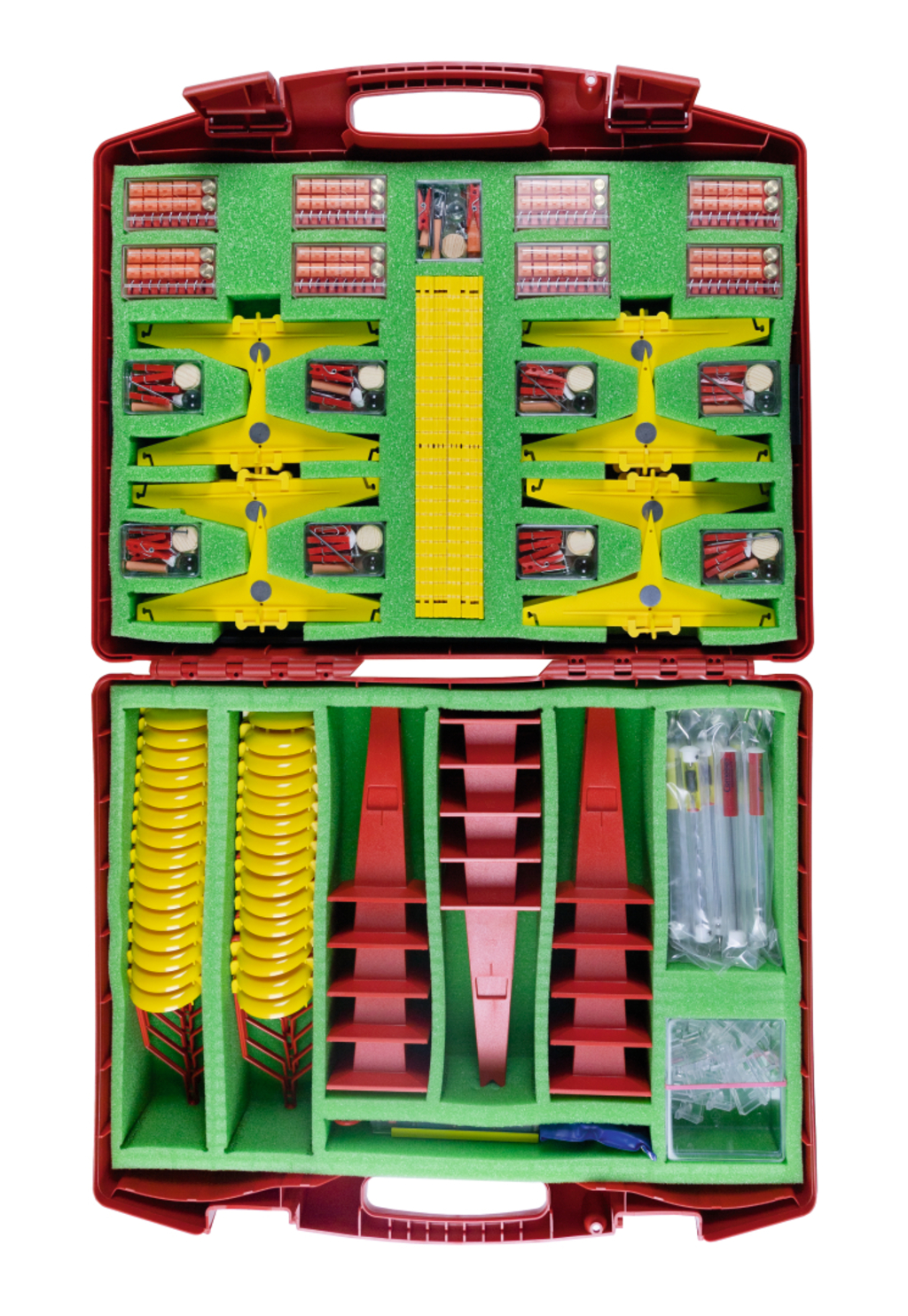 Ein Kasten aus robustem Kunststoff enthält verschiedene experimentelle Materialien, die für den Bildungsbereich geeignet sind. Darin befinden sich unter anderem elektrische Komponenten, Schläuche, Messgeräte und Halterungen, die für diverse physikalische Experimente verwendet werden können.