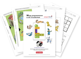 Eine Sammlung von Arbeitskarten zum Programmieren mit dem Lernroboter eXperiBot für die Grundschule ist abgebildet. Die Karten enthalten Illustrationen, Programmieranweisungen und Aktivitäten, die den Schülern das Verständnis von Programmierung erleichtern.