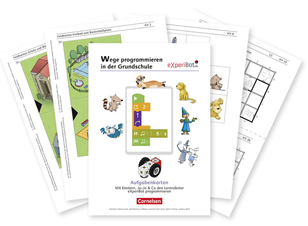 Auf dem Bild sind Arbeitskarten zum Programmieren mit dem Lernroboter eXperiBot für Grundschüler abgebildet. Zudem sind Illustrationen von Tieren und Charakteren sowie verschiedene Spielkarten und Übungen zur Unterstützung des Lernprozesses enthalten.