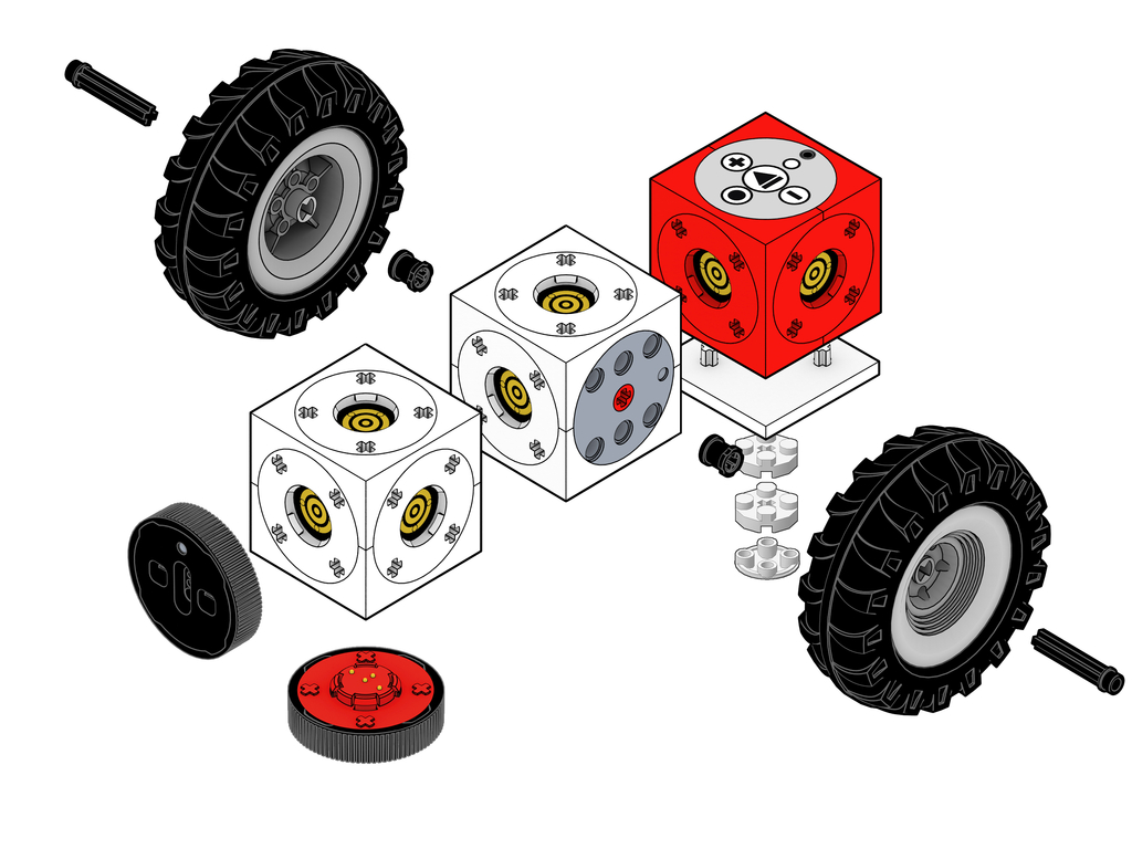 Verschiedene Bauteile, darunter W&uuml;rfel in unterschiedlichen Farben und ein Reifen, sind in einer exploded view dargestellt. Diese Darstellung zeigt die einzelnen Komponenten eines Experimentierprojekts, das im Bildungsbereich eingesetzt werden kann.