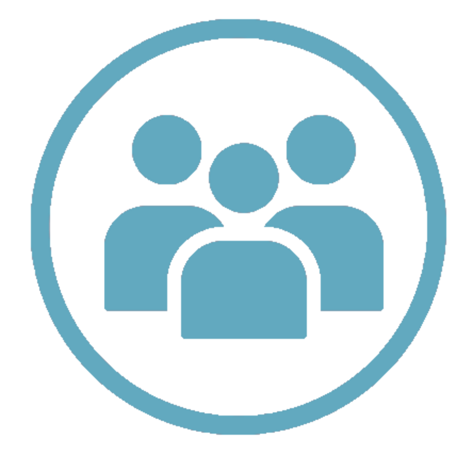 Eine stilisierte Darstellung von drei Personen in einem runden, hellblauen Symbol ist zu sehen. Dieses Icon könnte die Interaktion oder Zusammenarbeit in einem schulischen oder wissenschaftlichen Kontext symbolisieren.