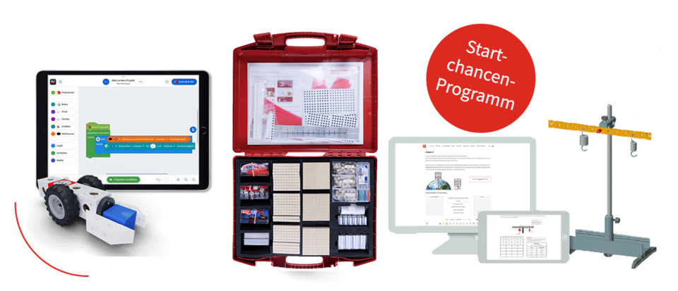 Ein interaktives Lernsetting wird pr&auml;sentiert, das aus einem Tablet mit Programmiersoftware, einem Koffer voller Experimentiermaterialien und weiteren digitalen Ger&auml;ten besteht. Zudem wird ein Startchancen-Programm angek&uuml;ndigt, das Bildungsressourcen unterst&uuml;tzt.