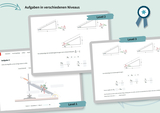 Drei unterschiedliche Aufgaben in verschiedenen Schwierigkeitsgraden werden präsentiert, die sich mit physikalischen Konzepten befassen. Die Aufgaben fokussieren auf das Verständnis und die Anwendung von Verhältnisgleichungen in Verbindung mit Kräften und Neigungswinkeln.