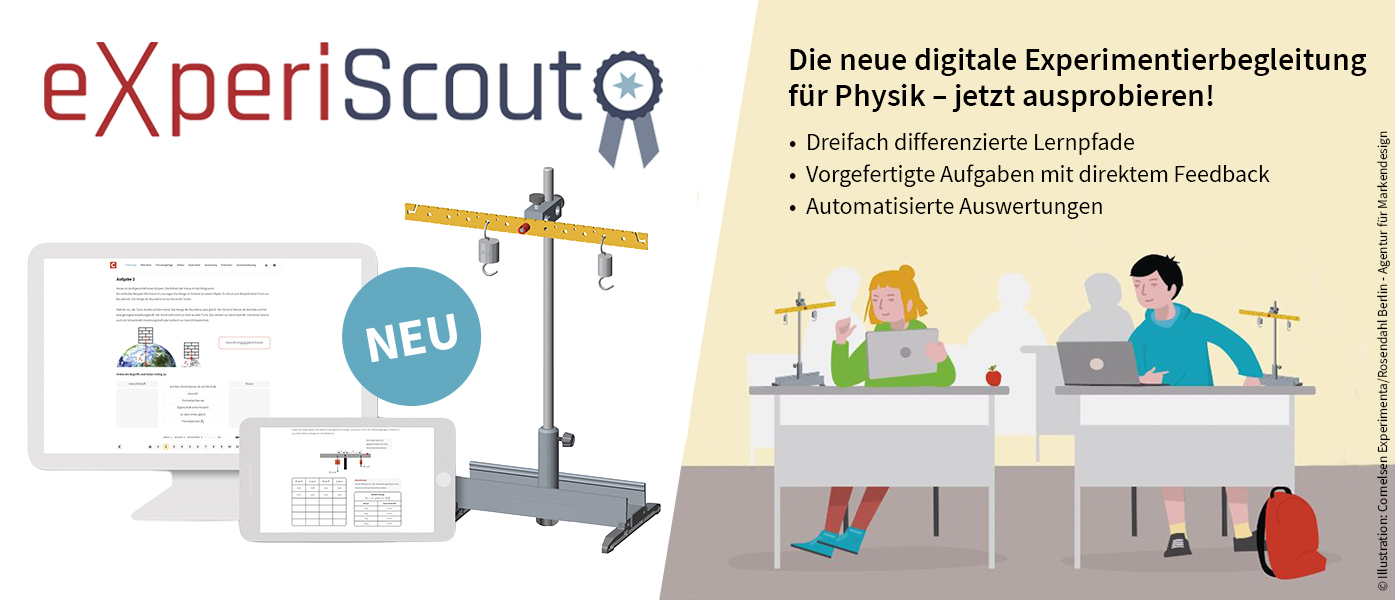 Das Bild pr&auml;sentiert die digitale Experimentierbegleitung "eXperiScout" f&uuml;r den Physikunterricht. Es zeigt Lernmaterialien auf verschiedenen Ger&auml;ten sowie Sch&uuml;ler, die an Experimenten arbeiten und mit den bereitgestellten Aufgaben interagieren.