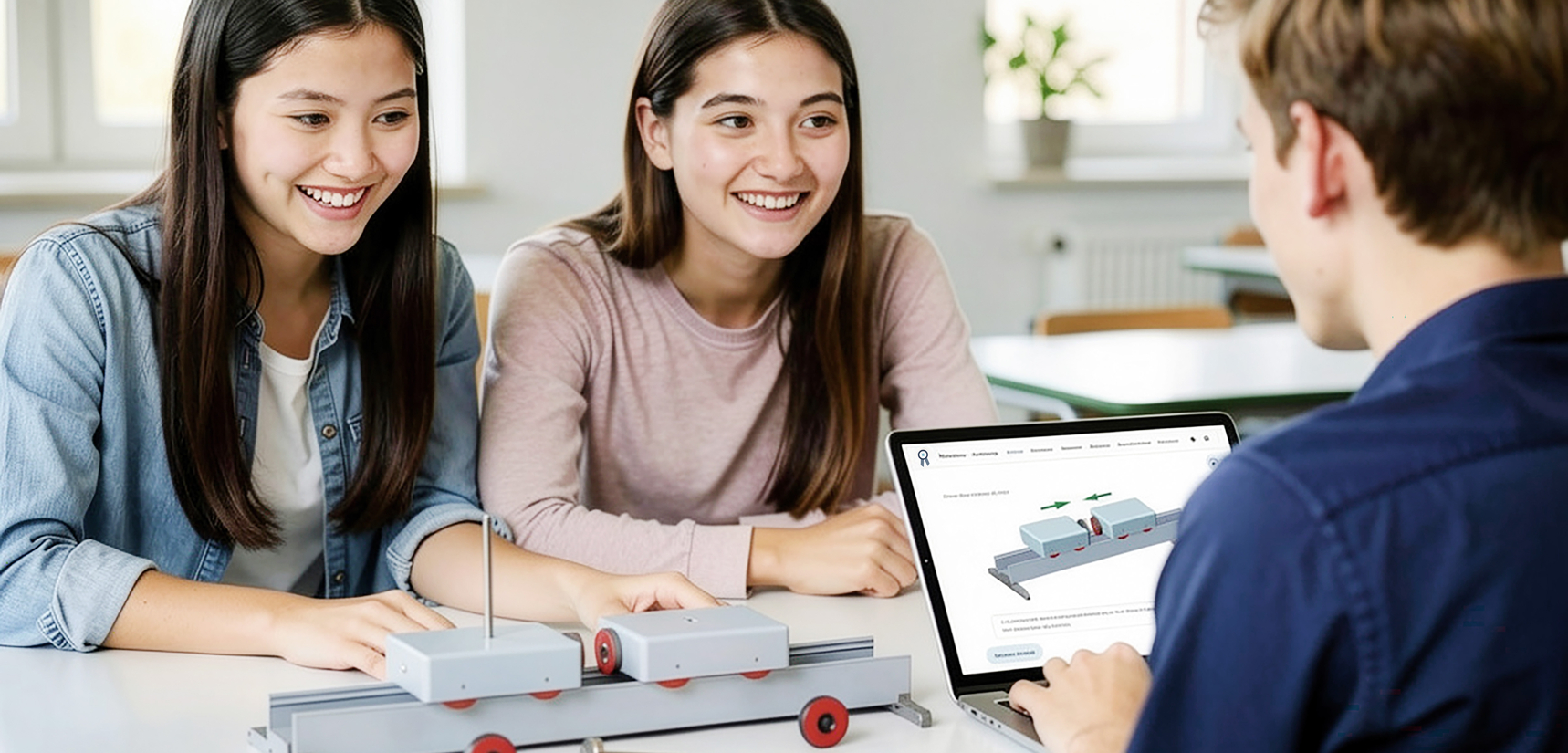 Zwei l&auml;chelnde Sch&uuml;lerinnen und ein Mitsch&uuml;ler betrachten gemeinsam ein Physik-Experiment auf einem Tisch. Ein Laptop zeigt dazu eine erg&auml;nzende digitale Anleitung oder Simulation.