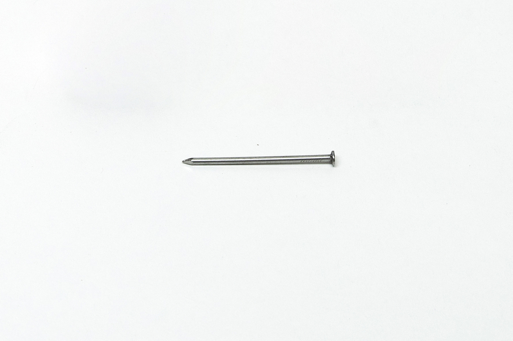Ein einzelner metallischer Nagel liegt horizontal auf einem weißen Hintergrund. Er ist zentral im Bild positioniert und zeigt eine spitze Seite sowie einen flachen Kopf.
