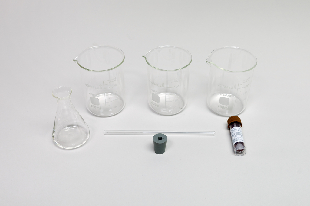 Ein Set aus drei Bechergläsern, einem Erlenmeyerkolben, einem Glasstab und einem Reagenzglas ist auf weißem Grund angeordnet. Die Laborgeräte bestehen überwiegend aus transparentem Glas.