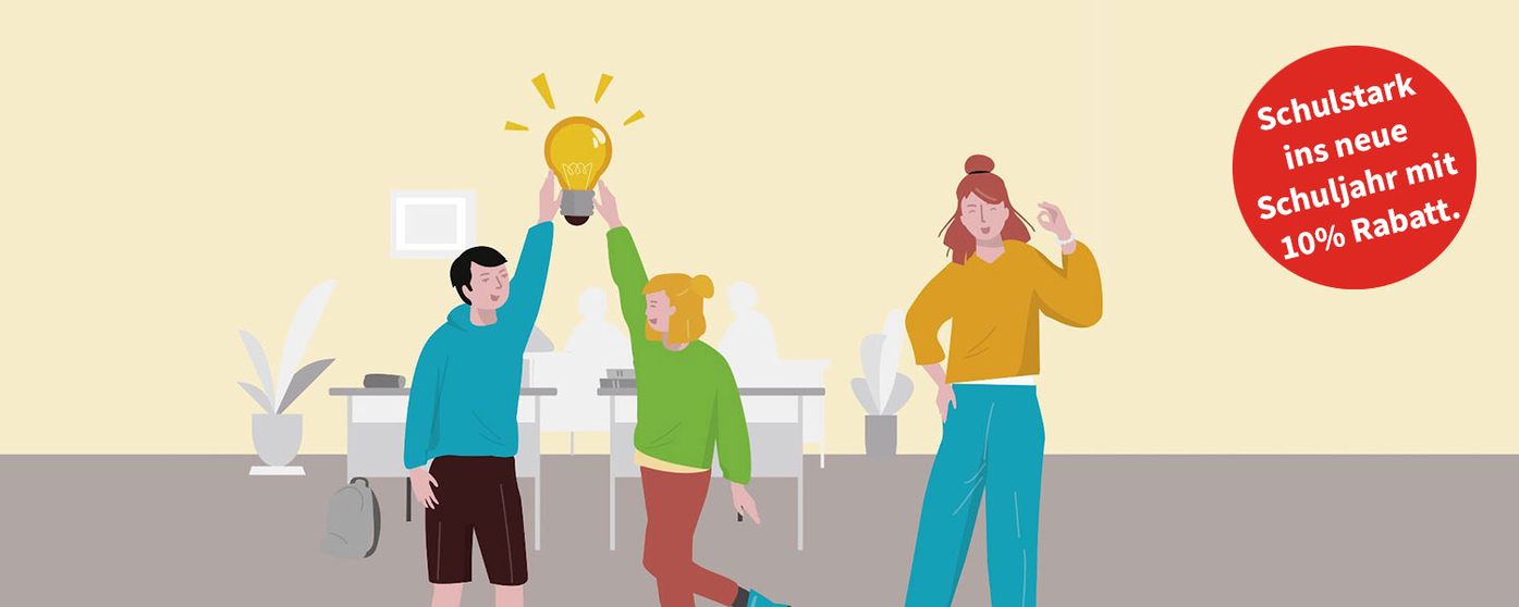 Eine Illustration zeigt drei junge Menschen in einem Klassenzimmer, wobei zwei gemeinsam eine leuchtende Gl&uuml;hbirne als Symbol f&uuml;r eine Idee hochhalten. Ein roter Kreis wirbt rechts f&uuml;r 10 % Rabatt zum neuen Schuljahr.