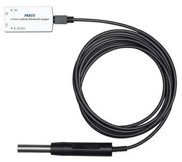 Ein kabelloser optischer Sensor von PASCO zur Messung von gelöstem Sauerstoff. Das Gerät besteht aus einer weißen Steuereinheit und einem langen schwarzen Kabel mit einer metallischen Messspitze.