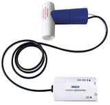 Ein PASCO Wireless Spirometer zur Messung der Lungenfunktion ist abgebildet. Es besteht aus einem weißen Atemstück mit blauem Aufsatz und einem angeschlossenen Messgerät.