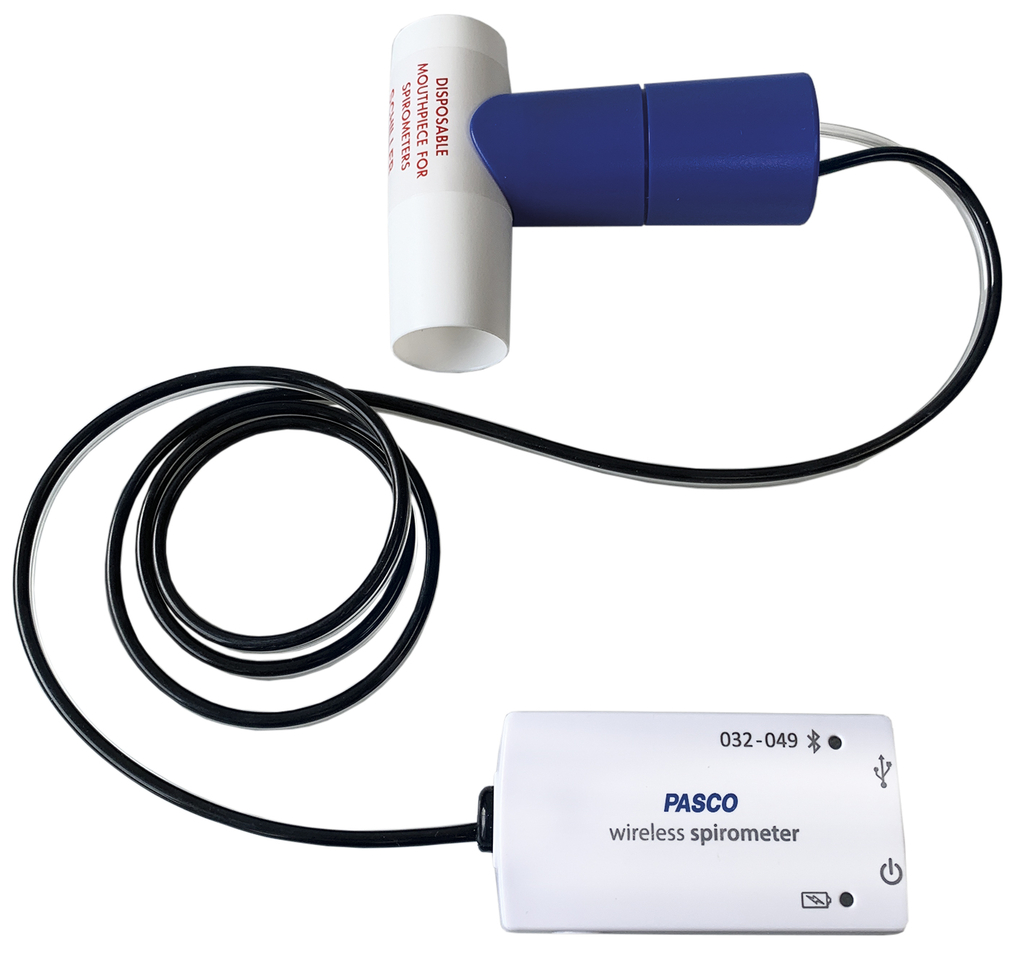 Ein PASCO Wireless Spirometer zur Messung der Lungenfunktion ist abgebildet. Es besteht aus einem weißen Atemstück mit blauem Aufsatz und einem angeschlossenen Messgerät.